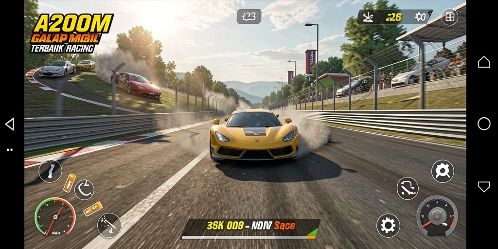 Tampilan gameplay seru dalam A200M saat balapan di lintasan yang menantang.
