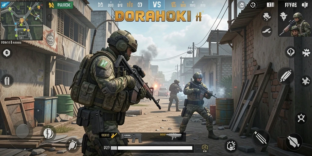 Skrinsut gameplay DORAHOKI menampilkan aksi tembak-menembak yang mendebarkan.