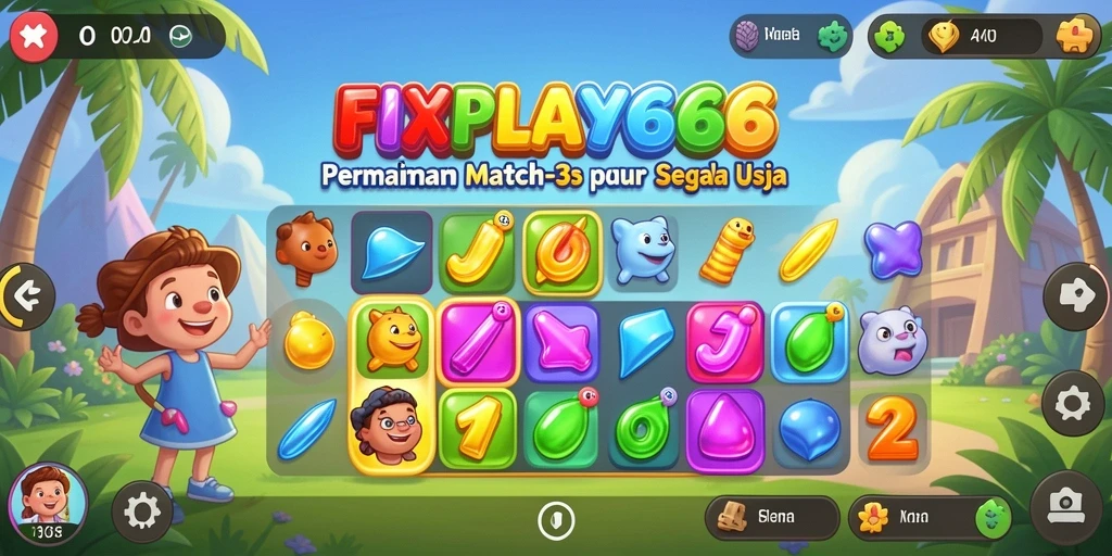 Tampilan gameplay FIXPLAY666 dengan elemen Match-3 yang menggembirakan.