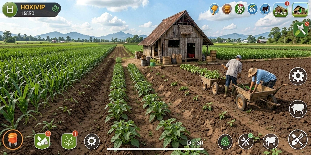 Tampilan gameplay HOKIVIP dengan berbagai tanaman dan hewan ternak.