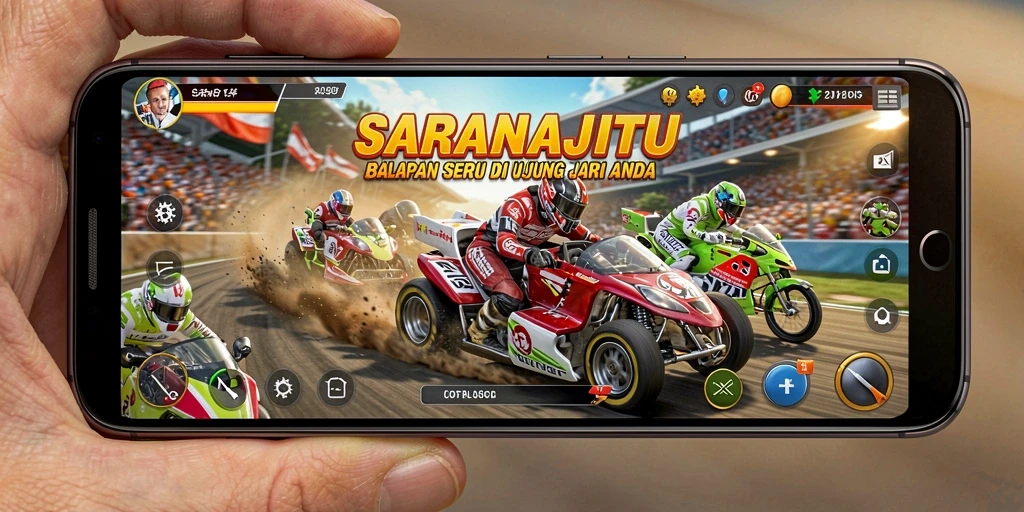 Tampilan seru gameplay balapan di SARANAJITU dengan trek menantang.