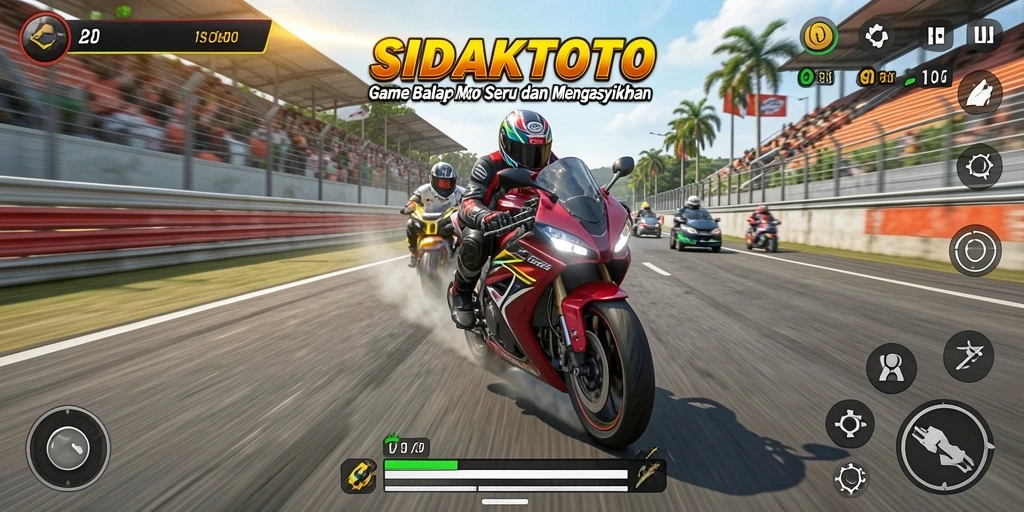 Tampilan utama gameplay SIDAKTOTO dengan motor balap yang memukau.