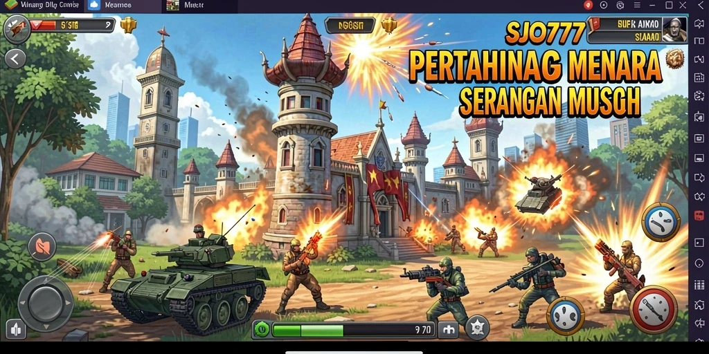 Tampilan gameplay SJO777 dengan suasana menara yang ramai dan musuh menyerang.
