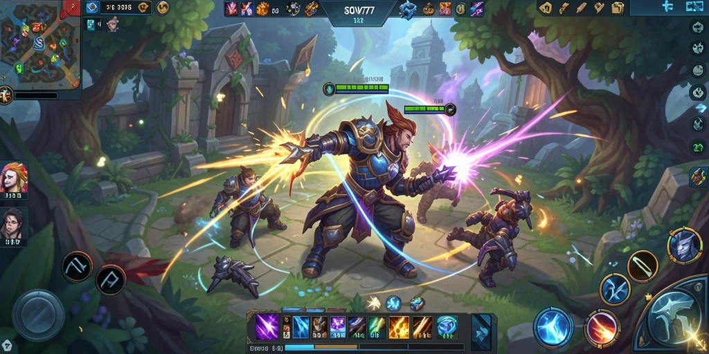 Tangkapan layar gameplay SOV777 menunjukkan pertarungan seru antar tim MOBA.